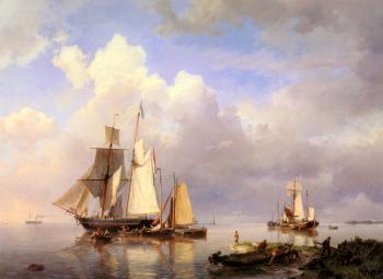 約翰內斯 赫曼努斯 庫庫尅 Vessels At Anchor In Estuary With Fisherman 約翰內斯 赫曼努斯 庫庫尅 Vessels At Anchor In Estuary With Fisherman